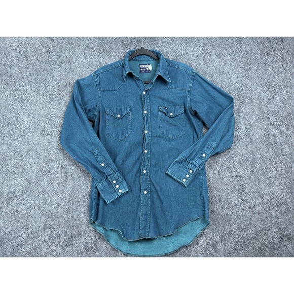 Vtg Wrangler Preshrunk Extra Long Tails Denim Pearl Snap Western Shirt Mens - Picture 1 of 10